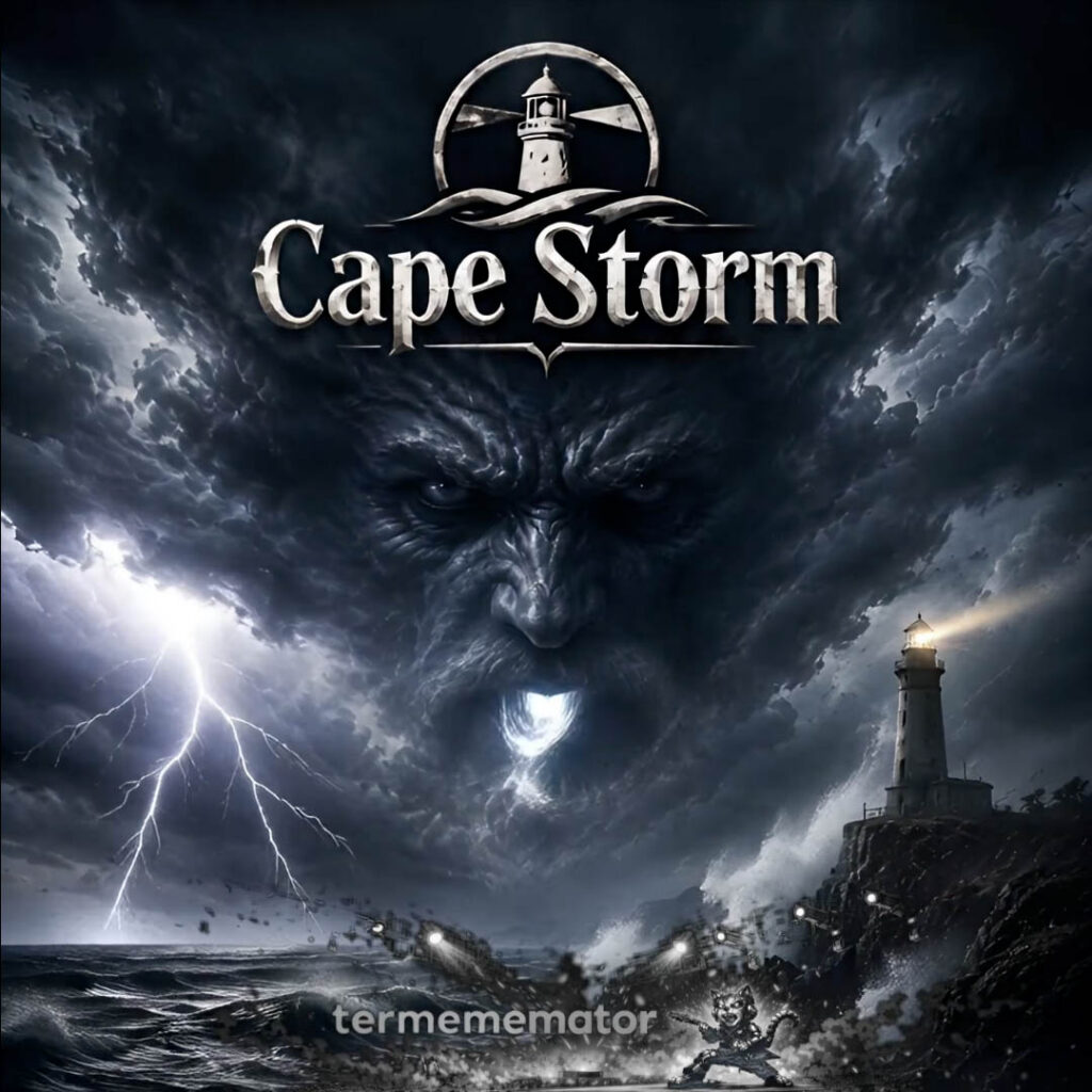 Illustration of a face in a storm and a lighthouse